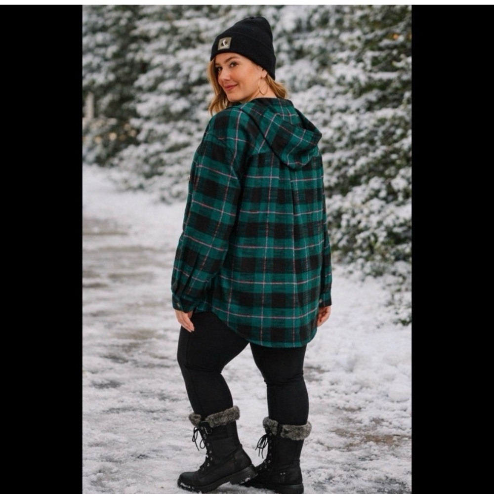 MAURICES Green Plaid Hooded Flannel Top - Picture 2 of 7